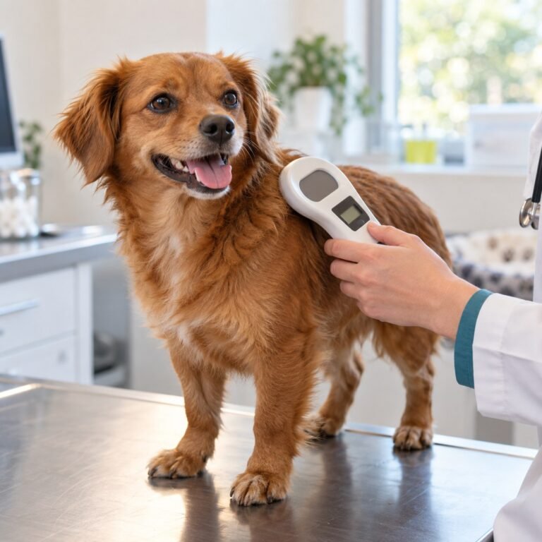 Chien examiné avec un lecteur de puce électronique