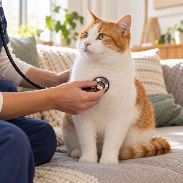 Chat examiné au stéthoscope dans son domicile