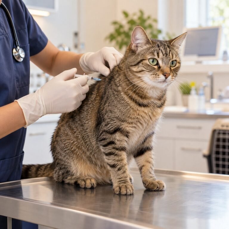 Chat recevant un vaccin lors d’une consultation vétérinaire