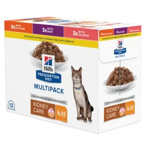 Hill’s Prescription Diet k/d Multipack Chicken Beef Salmon Kidney Care Pouch — pour chats (visuel indicatif du produit)