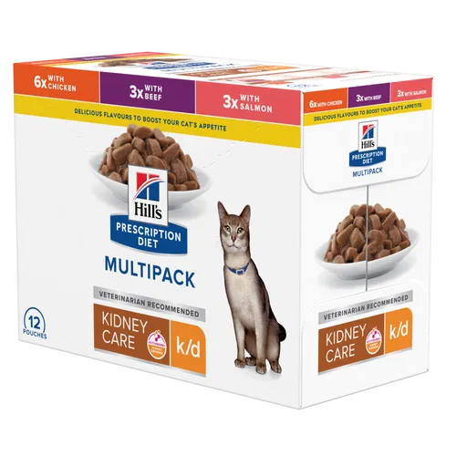 Hill’s Prescription Diet k/d Multipack Chicken Beef Salmon Kidney Care Pouch — pour chats (visuel indicatif du produit)