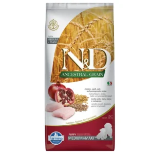 Farmina N&D Ancestral Grain Puppy Medium & Maxi poulet & grenade pour chiot — pour chiens (visuel indicatif du produit)