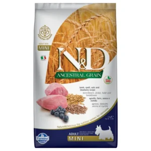 Farmina N&D Ancestral Grain Mini agneau & myrtille — pour chiens (visuel indicatif du produit)