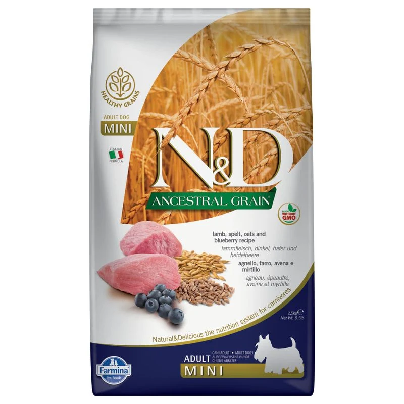 Farmina N&D Ancestral Grain Mini agneau & myrtille — pour chiens (visuel indicatif du produit)