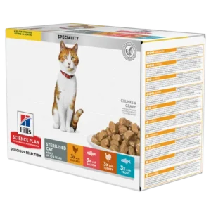 Hill’s Science Plan Sterilised Cat Young Adult Multipack Chicken Salmon Trout Turkey Pouch — pour chats (visuel indicatif du produit)