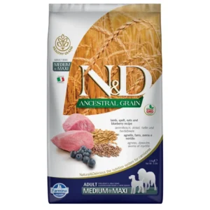 Farmina N&D Ancestral Grain Adult Medium & Maxi agneau, myrtilles pour chien — pour chiens (visuel indicatif du produit)
