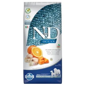 Farmina N&D sans céréales Ocean Adult Medium & Maxi cabillaud, potiron & orange pour chien — pour chiens (visuel indicatif du produit)